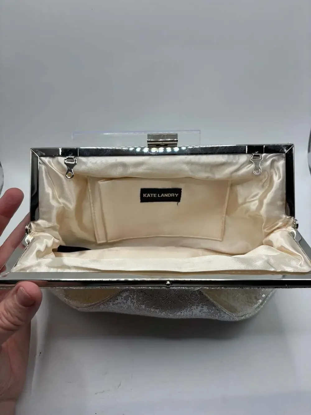 Kate Landry Silver Brocade Evening Clutch Purse